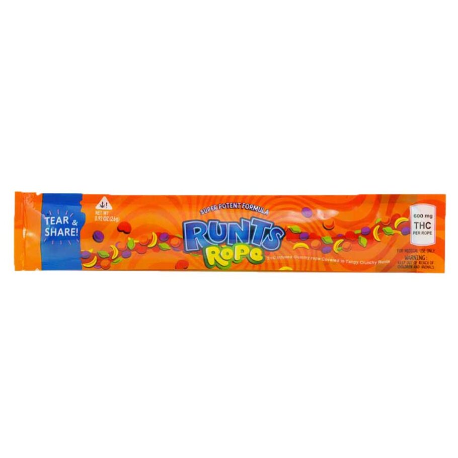 "Colorful Runtz Ropes edible candy, coated in crunchy rainbow bits, labeled 600mg THC." "Close-up of a Runtz Ropes package with infused candy ropes spilling out, highlighting potency and texture." "Vibrant Runtz Ropes gummy edible with rainbow coating, next to a 600mg dosage label on packaging."