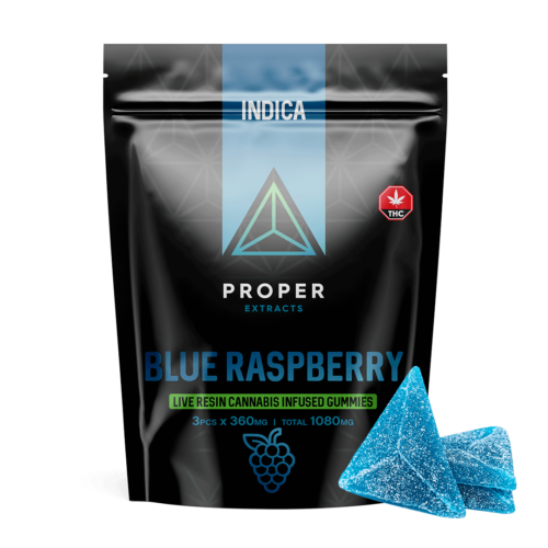 Proper Extracts Live Resin Cannabis Gummies - Blue Raspberry 1080mg THC - Bag With Gummy