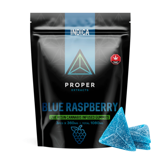 Proper Extracts Live Resin Cannabis Gummies - Blue Raspberry 1080mg THC - Bag With Gummy
