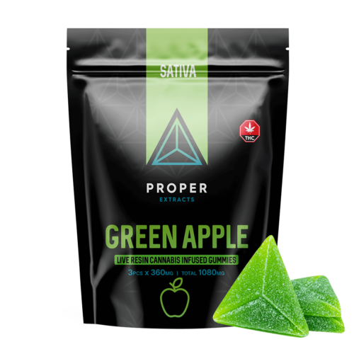 Proper Extracts Live Resin Cannabis Gummies Green Apple 1080mg THC - Bag With Gummy