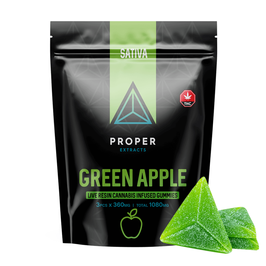 Proper Extracts Live Resin Cannabis Gummies Green Apple 1080mg THC - Bag With Gummy