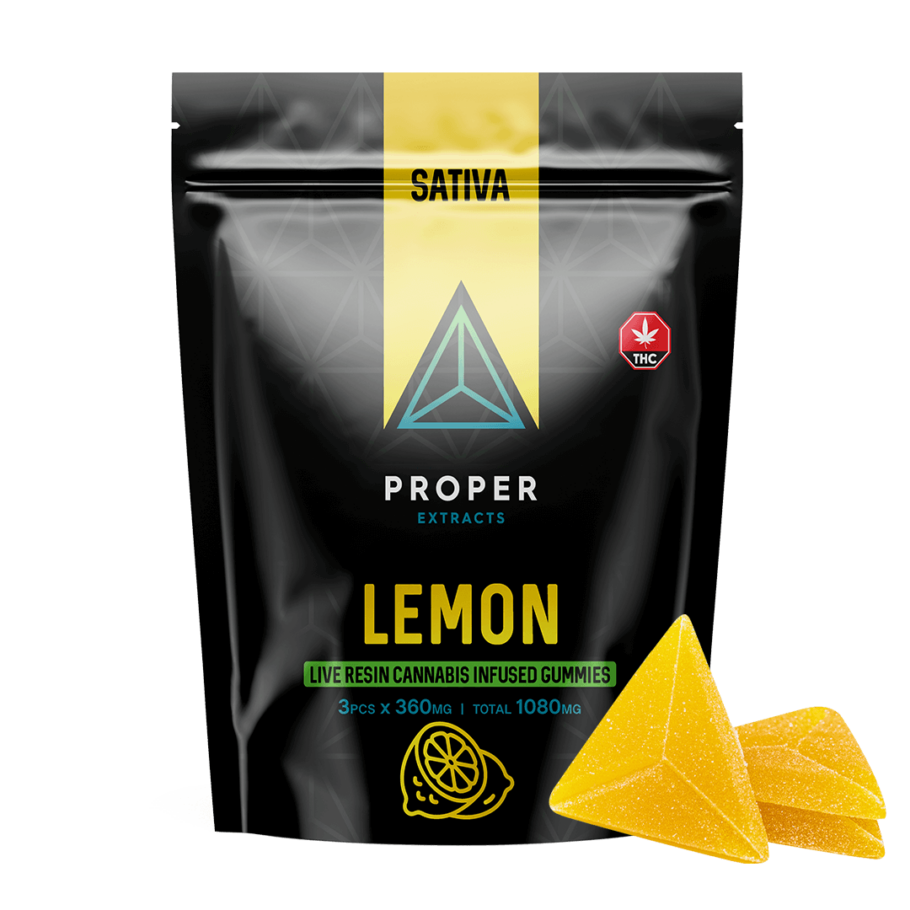 Proper Extracts Live Resin Cannabis Gummies Lemon 1080mg THC - Bag With Gummies